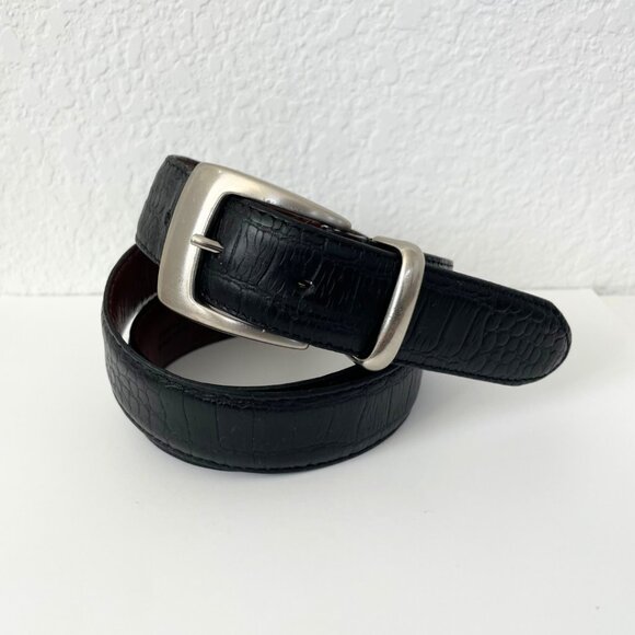 Johnston & Murphy Belt Men 38 Black Alligator Grained Silver Buckle 3419 Leather - Picture 1 of 11